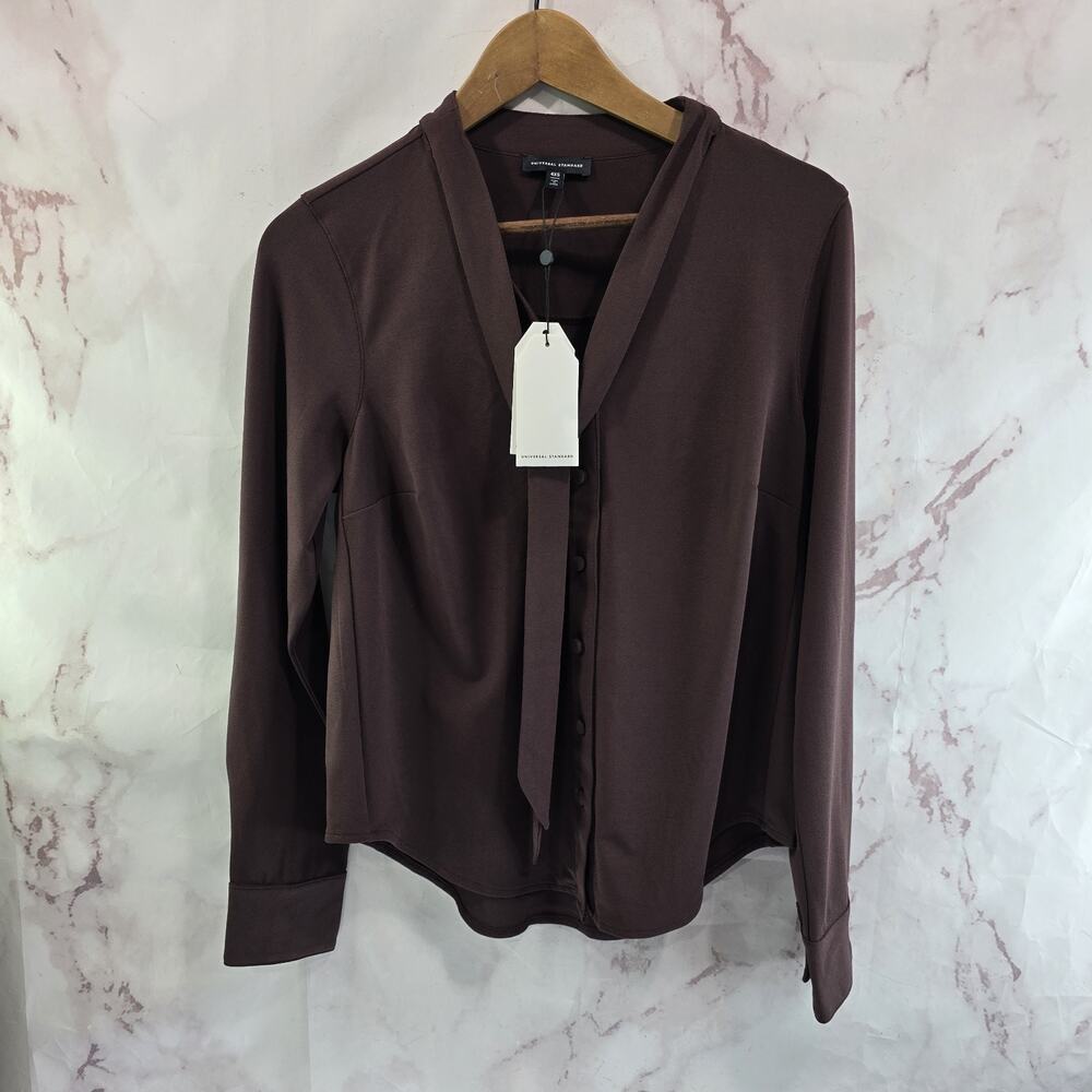 Universal Standard Shirt Womens Dark Brown Blouse Long Button Tie Front